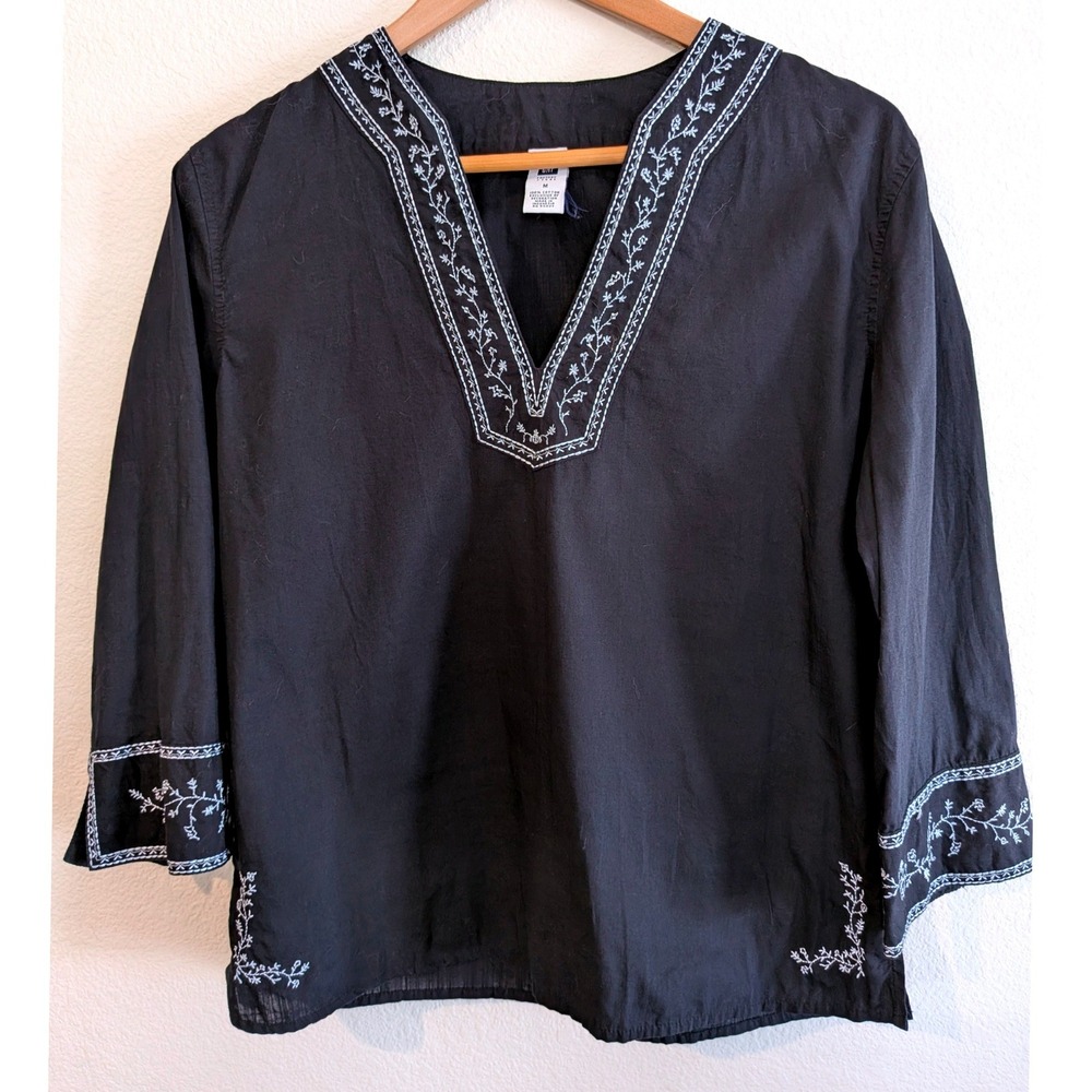 Gap Black Boho Embroidered Top Light Blue Stitch Cotton Peasant Blouse M